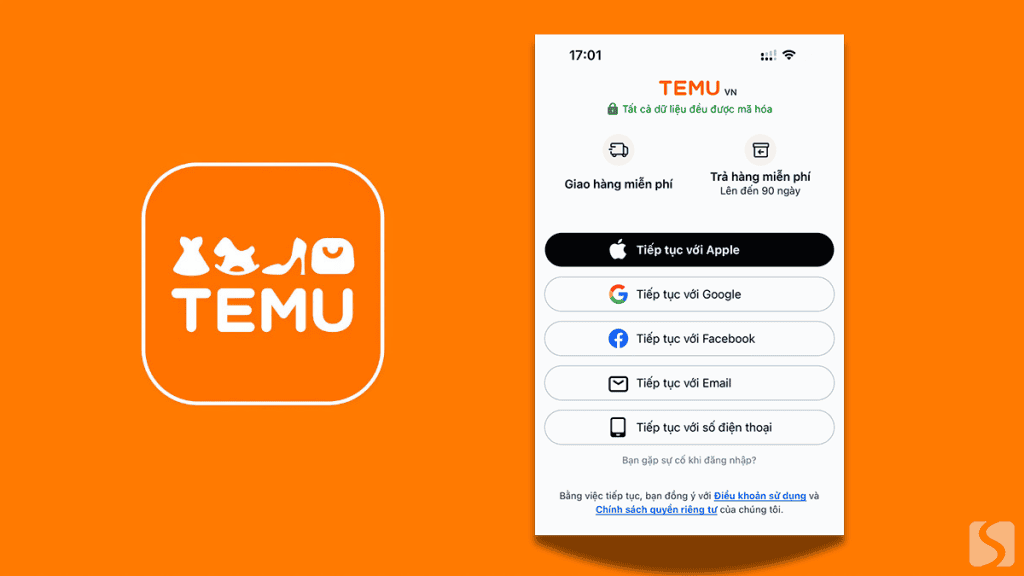 Đăng ký tài khoản Temu trên ứng dụng Temu, cho phép người dùng lựa chọn đăng nhập qua Apple, Google, Facebook, Email, hoặc số điện thoại. Temu cam kết bảo mật dữ liệu, cung cấp giao hàng miễn phí và trả hàng miễn phí trong 90 ngày.