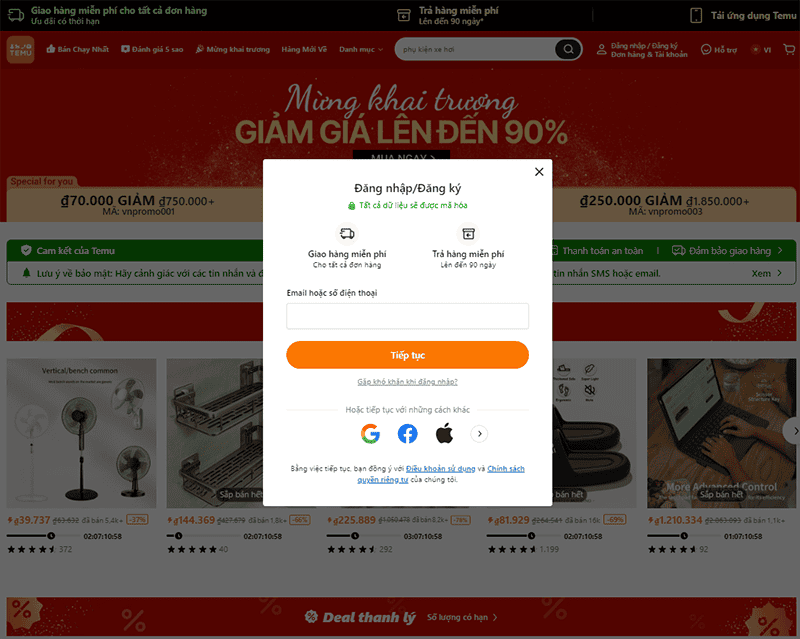 Đăng ký tài khoản Temu qua web